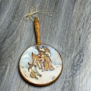 VTG 1976 Hand Painted Wooden Paddle Deer Bunny Holiday Decor Cottagecore 12"